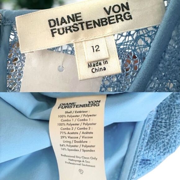 DIANE VON FURSTENBURG DVF Sleeveless Blue Mixed Lace Midi Sheath Dress Size 12 - Picture 12 of 16